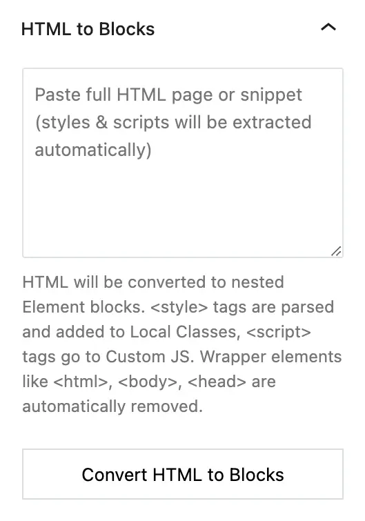 Champ « HTML to Blocks » de Style Manager, avec le bouton Convert HTML to Blocks